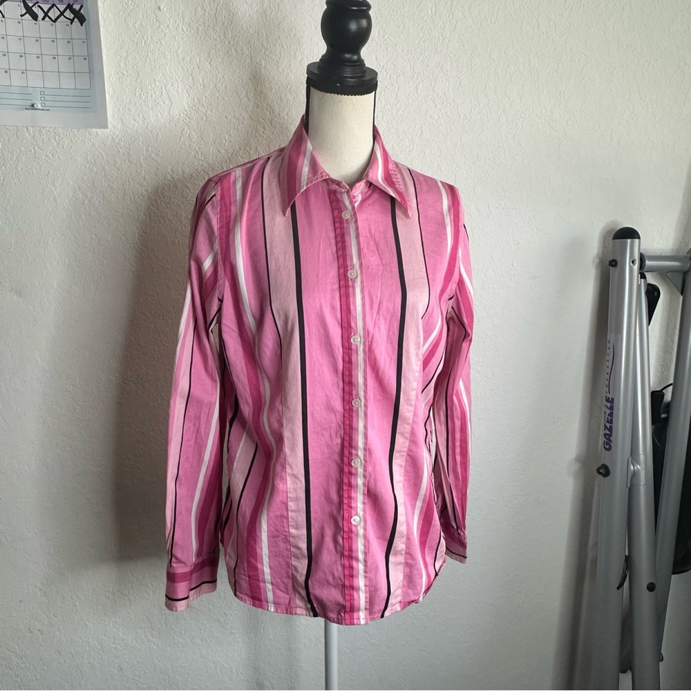 Jones New York Pink and Black Striped Women’s Button Down Shirt
